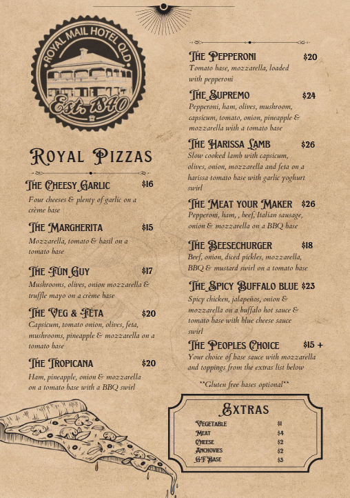 Royal Mail Goodna Pizza Menu